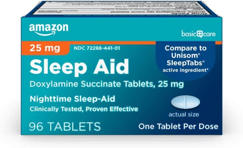 Photo 1 of Amazon Basic Care Sleep Aid Tablets, Doxylamine Succinate Tablets, 25 mg, Nighttime Sleep Aid to Help You Fall Asleep, White, 96 Count