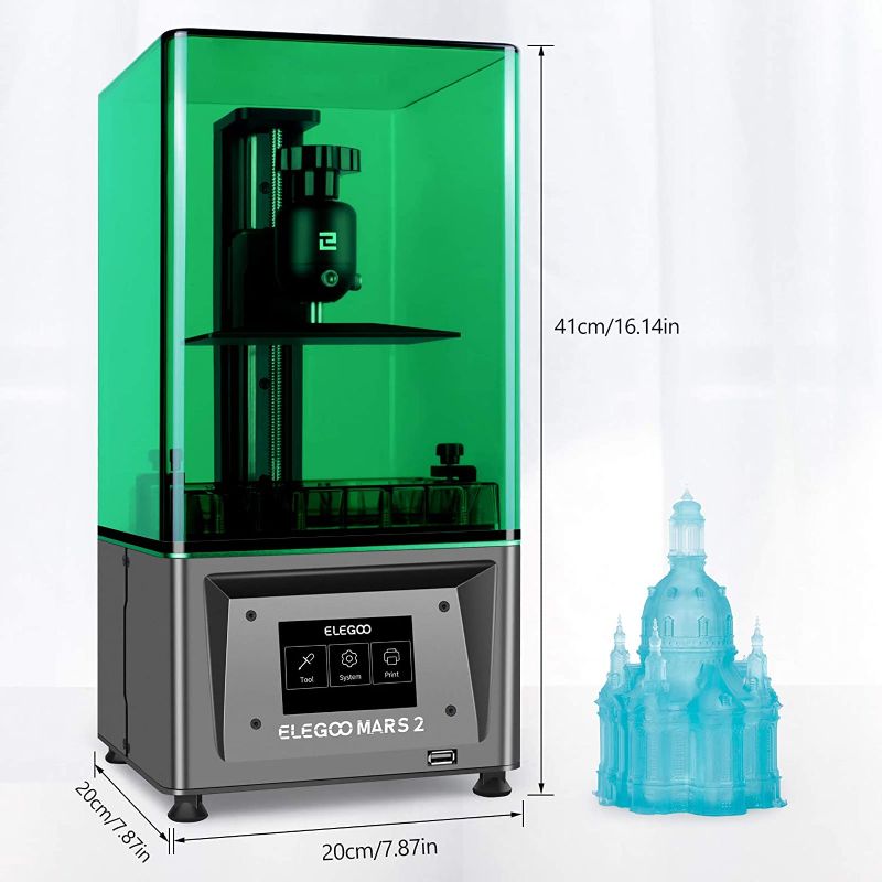 Photo 1 of ELEGOO Mars 2 Mono MSLA 3D Printer UV Photocuring LCD Resin 3D Printer with 6.08 inch 2K Monochrome LCD, Printing Size 129x80x150mm/5.1x3.1x5.9inch, Green Cover