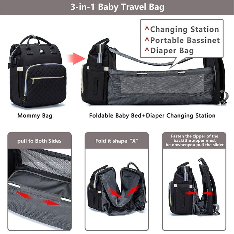 Photo 1 of Diaper Bag Backpack (Black) and Muslin Swaddle Blanket Bundle - 5 in 1 Multi-Functional Diaper Bag, Portable Changing Station, USB Port, Large Capacity, Comfort pad Plus Shoulder Straps