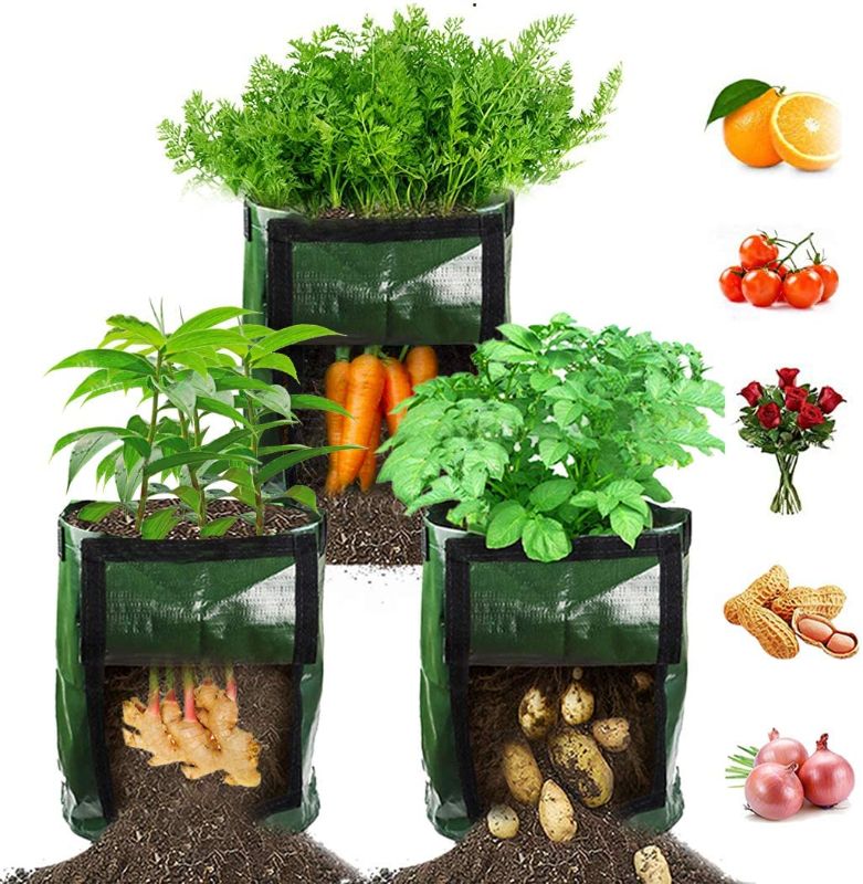 Photo 1 of ?3 Pack? Potato Grow Bags, Plant Grow Bags 7 Gallon Heavy Duty Thickened Growing Bags Planting Pots Container Garden Vegetable Planter with Handles & Large Harvest Window

