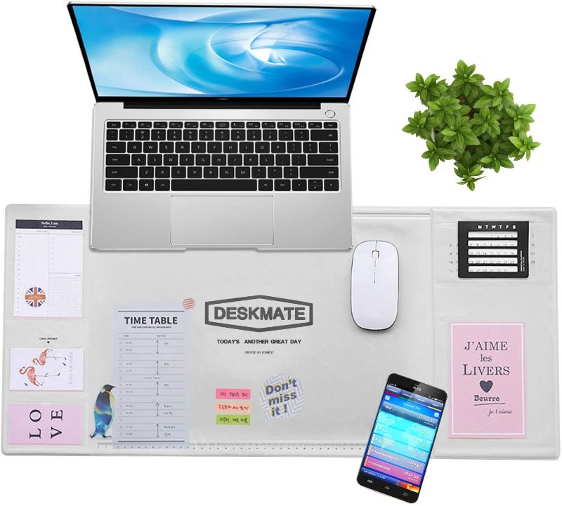 Photo 1 of Desk Pad, Inmorven Desk Blotter with Clear Calendar Protector Cover, PU Leather Laptop Desk Mat for Writing Home Office, Waterproof Non-Slip Mouse Desk Mat with Mini Calendar, Pockets(Gray)
