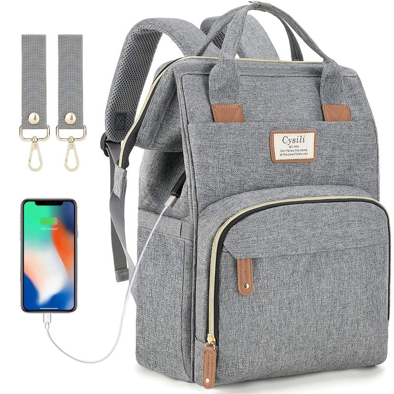 Photo 1 of Diaper Bag Backpack with USB Charging Port, Maternity Nappy Bag with Insulated Feeding Bottle Pocket (Grey)
