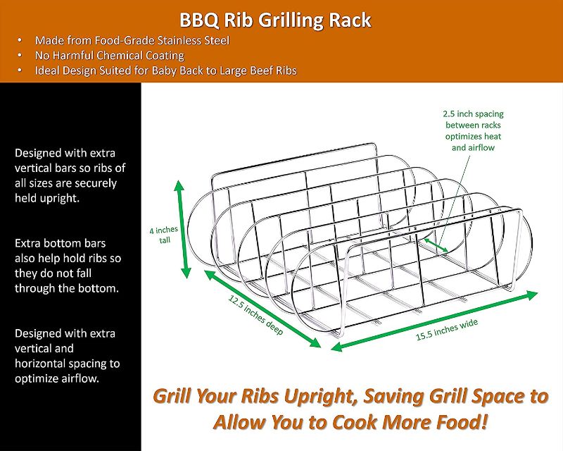 Photo 2 of Extra Long and Wide Beef or Pork Rib Rack for Smoking or Grilling - 15.5” L x 12.25” W x 4.0” H