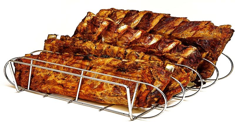 Photo 1 of Extra Long and Wide Beef or Pork Rib Rack for Smoking or Grilling - Holds 4 Beef or Pork Ribs - Chemical Free Stainless Steel - Extra Bars for Support - Wider Design for More Airflow and Thicker Ribs