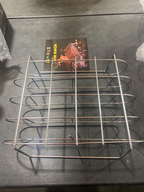 Photo 3 of Extra Long and Wide Beef or Pork Rib Rack for Smoking or Grilling - Holds 4 Beef or Pork Ribs - Chemical Free Stainless Steel - Extra Bars for Support - Wider Design for More Airflow and Thicker Ribs
