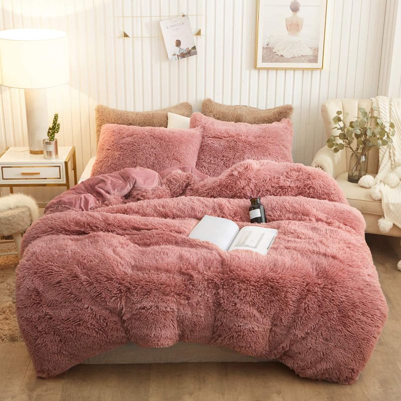 Photo 1 of XeGe Plush Shaggy Duvet cover, Ultra Soft Crystal Velvet Bedding (Queen,Old Pink), COVER ONLY