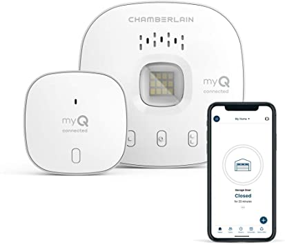 Photo 1 of myQ Chamberlain Smart Garage Control - Wireless Garage Hub and Sensor with Wifi & Bluetooth - Smartphone Controlled, New Design, myQ-G0401-ES, White
