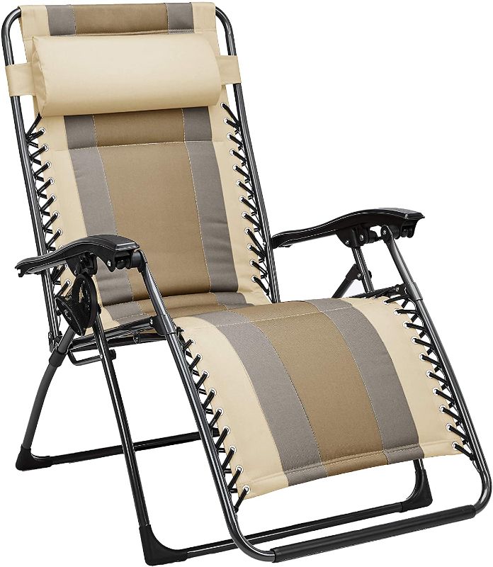 Photo 1 of Amazon Basics Outdoor Padded Adjustable Zero Gravity Folding Reclining Lounge Chair with Pillow - Tan
