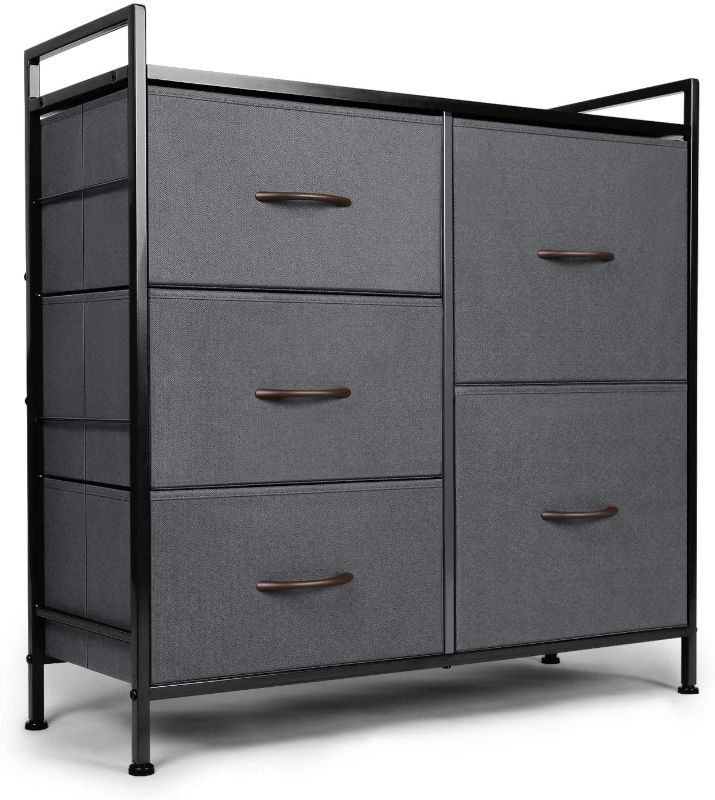 Photo 1 of  5 Drawers, Fabric Storage Tower, Organizer Unit for Bedroom, Chest for Hallway, Closet. Steel Frame and Wood Top, Dark Grey
