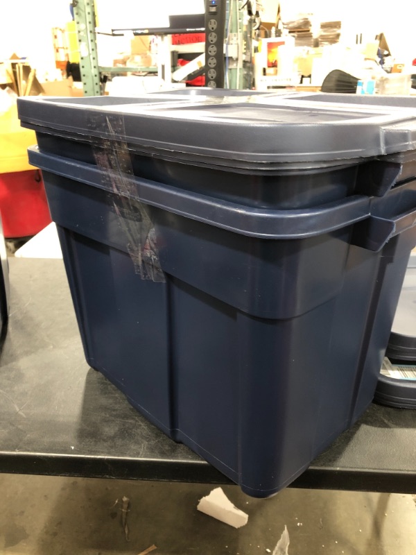 Photo 2 of Rubbermaid Roughneck 72 quart Rugged Storage Tote in Dark Indigo Metallic with Lid and Handles for Home, Basement, Garage, 2 Pack)