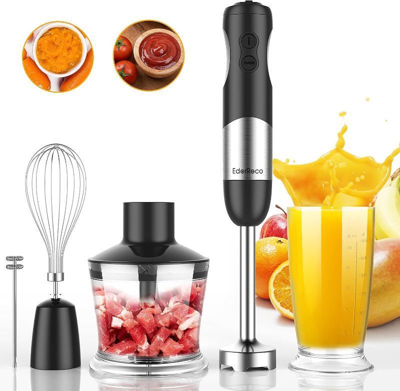 Photo 1 of 5-IN-1 IMMERSION HAND BLENDER, POWERFUL 600W MOTOR, 12-SPEED MULTI-PURPOSE BLENDER WITH STAINLESS STEEL BLADES, WITH CHOPPER, BEAKER, WHISK AND MILK FROTHER FOR SMOOTHIE, BABY FOOD, SAUCES,PUREE, SOUP
