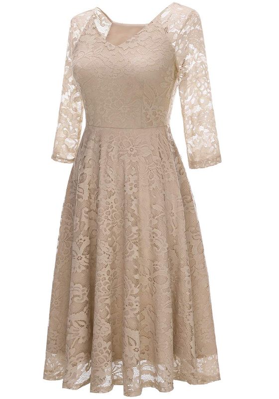 Photo 1 of Dressystar Long-Sleeve A-Line Lace Bridesmaid Dress Midi for Wedding Formal Party Champagne Color size- Medium 
