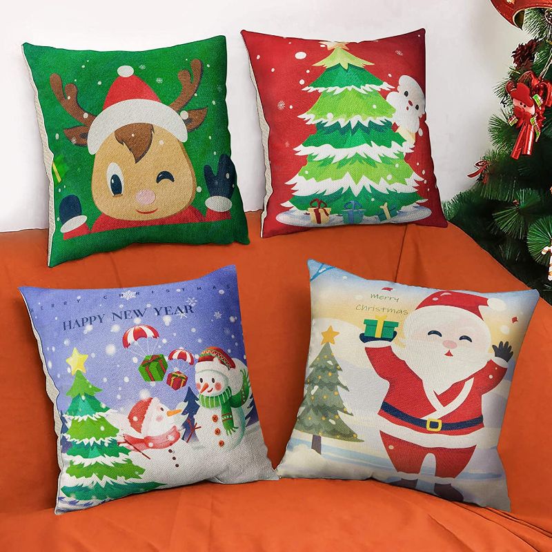 Photo 1 of BININBOX Christmas Pillow Case 18x18 Inch Set of 4, Xmas Decor Santa Deer Pillow Covers Farmhouse Decorative Square Linen Throw Pillow Covers for Sofa, Couch, Bed and Car

