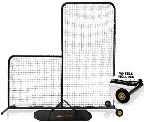 Photo 1 of ACELETIQS L Screen Baseball Portable Net Softball Pitching with Wheels-7 feet by 7 feet, 3.5 Inch by 3.5 Inch Cutout, Body Protector, Batting Cage Safety Screen for Back Drive Lines-Steel Frame