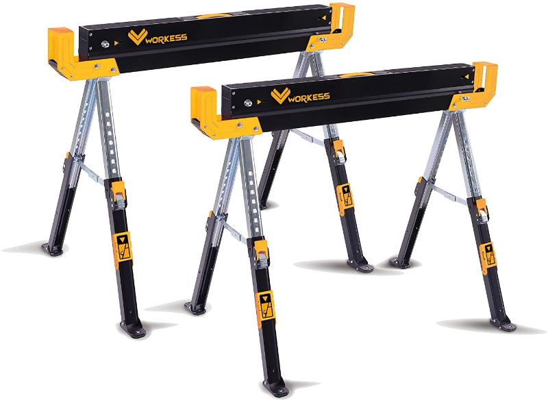 Photo 1 of Adjustable Height (24-32 in.) Steel Sawhorse and Jobsite Table – 1300 lb. Capacity -Two Pack