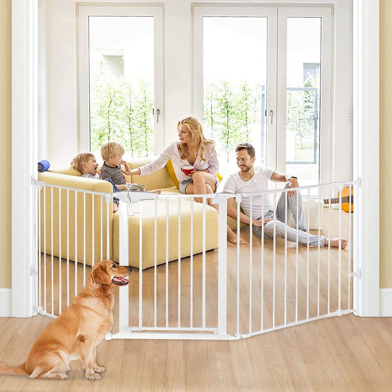 Photo 1 of 80 inch Dog Gate Extra Wide Pet Gate for House Stairs Doorway Auto Close Foldable Safety Child Gate 3 Panels Steel Dog Fence, Fits Openings 33"-80" Wide, Hardware Mounts (30" Tall, White)
