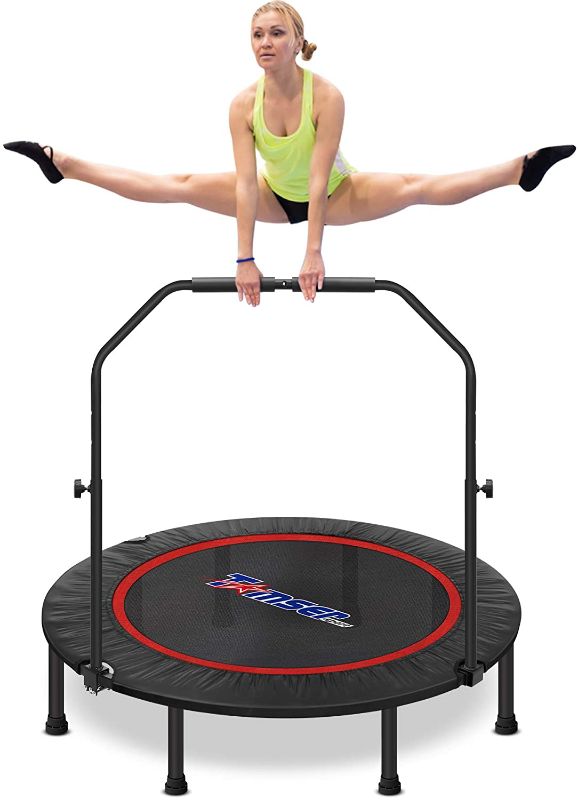 Photo 1 of 49'' Silent Foldable Trampoline, Exercise Fitness Trampoline with Higher 52" Adjustable Handrail Fitness Rebounder with Carry Bag Mini Trampoline for Kids Adults Indoor/Garden Workout Max Load 450lbs

