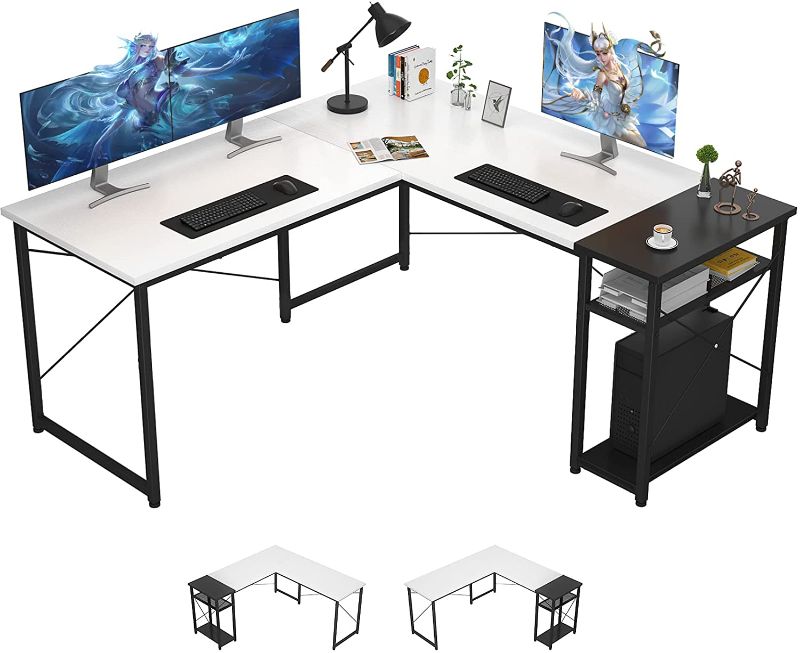 Photo 1 of Ecoprsio L-Shaped Desk Large L Shaped Gaming Desk with Storage Shelves White Corner Desk Writing Study Table for Home Office Gaming Workstation, White and Black
