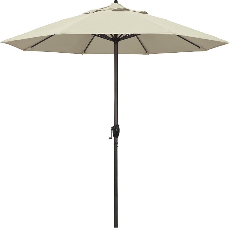 Photo 1 of California Umbrella 9' Round Aluminum Market Umbrella, Crank Lift, Auto Tilt, Bronze Pole, Antique Beige Olefin
