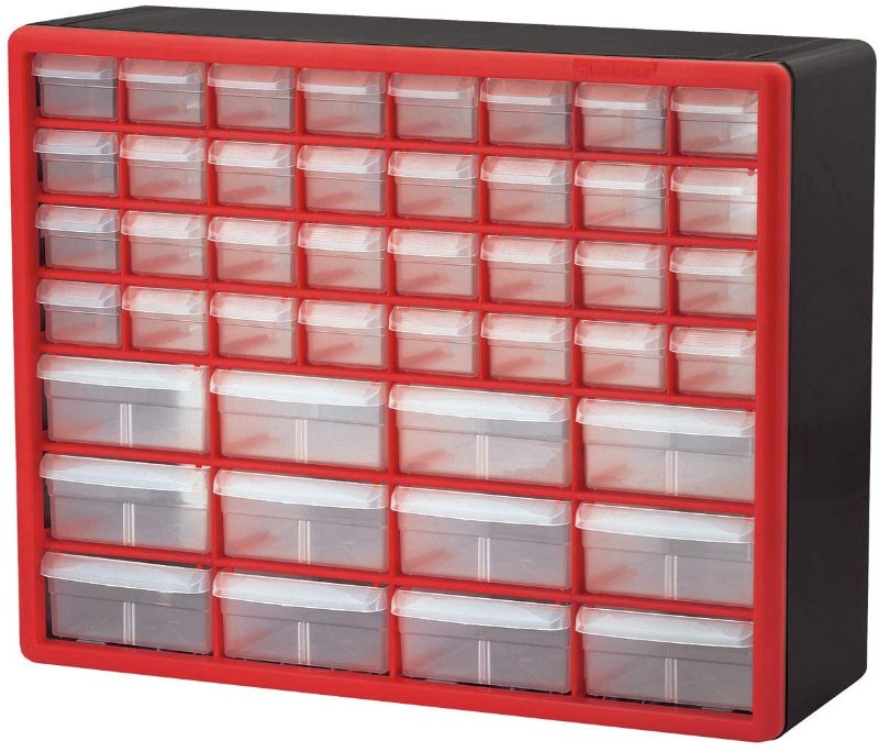 Photo 1 of Akro-Mils 44 Drawer 10144REDBLK, Plastic Parts Storage Hardware and Craft Cabinet, (20-Inch W x 6-Inch D x 16-Inch H), Red & Black, (1-Pack)