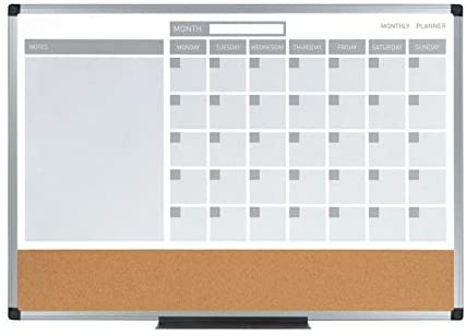 Photo 1 of 
MasterVision Magnetic Dry Erase Monthly Calendar Planner Push Pin Corkboard Combo with Marker Tray, 24" x 36", Gray Plastic Frame