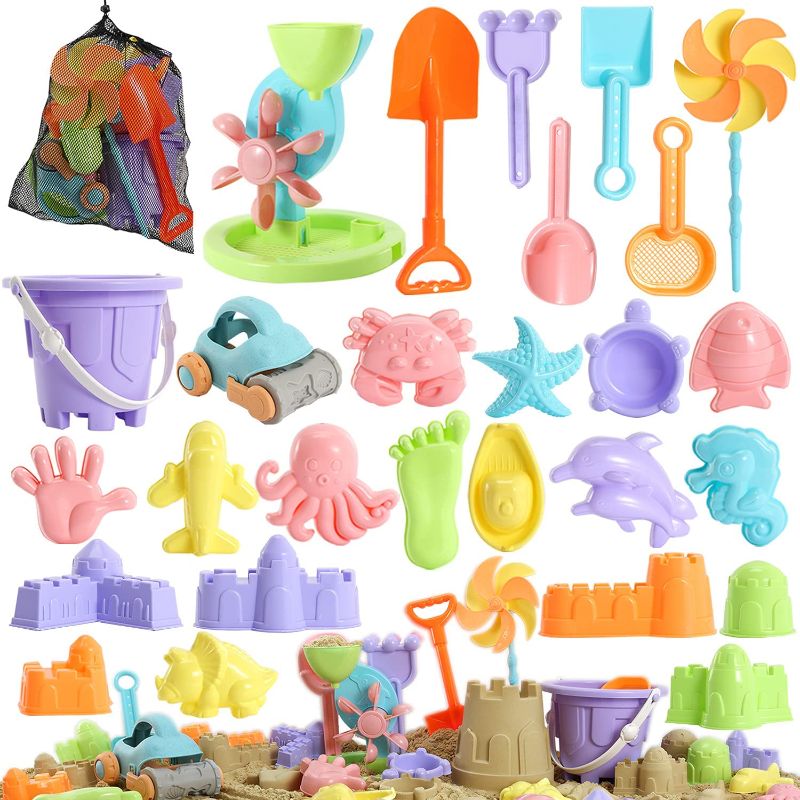 Photo 1 of Beach Sand Toys for Kids - 31 pcs Sandbox Toy Set for Kids 3-10, Sand Castle Toys with Water Wheel, Bucket, Shovel Tool Kit, Windmill, Sand Molds Summer Beach Toys in Mesh Bag, Kids Outdoor Beach Toys
