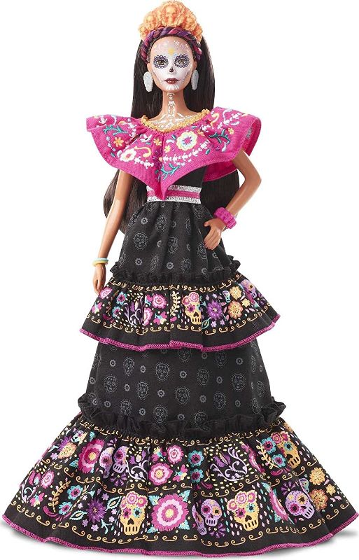 Photo 1 of Barbie 2021 Dia De Muertos Doll (11.5-in) Wearing Traditional Embroidered Dress, Flower Crown & Calavera Face Paint, Gift for Collectors
