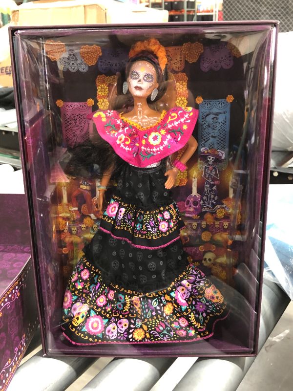 Photo 2 of Barbie 2021 Dia De Muertos Doll (11.5-in) Wearing Traditional Embroidered Dress, Flower Crown & Calavera Face Paint, Gift for Collectors