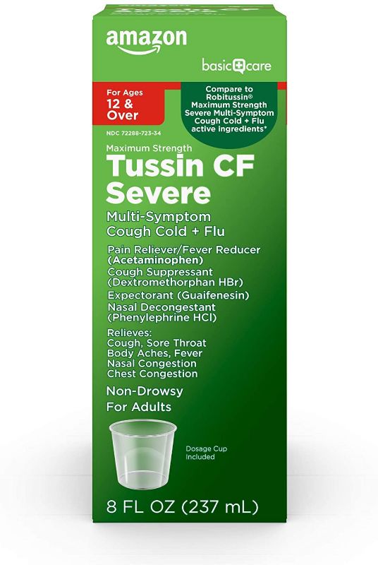 Photo 1 of Amazon Basic Care Tussin CF Max, Multiple Symptom Cough Cold & Flu, Pain Reliever/Fever Reducer, Cough Suppressant, Expectorant & Nasal Decongestant, 8 Fl Oz PACK OF 4!!
 best buy 1/22