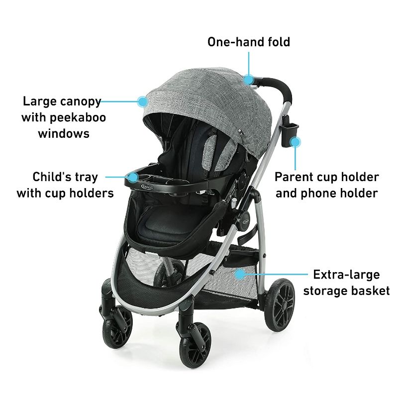 Photo 3 of Graco Modes Pramette Travel System | Includes Baby Stroller with True Bassinet Mode, Reversible Seat, One Hand Fold, Extra Storage, Child Tray and SnugRide 35 Infant Car Seat, Ellington
