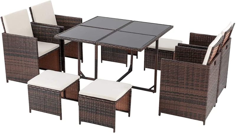 Photo 1 of 9 Pieces Patio Dining Sets,Outdoor Space Saving PE Rattan Chairs with Glass Table, Patio Furniture Sets Cushioned Seating and Back Sectional Conversation Sets Patio Furniture for Outdoor (Beige) (Box 1 of 3 not complete set)