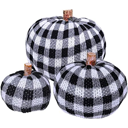 Photo 1 of 3 Pcs Assorted Crochet Pumpkins Plaid Pumpkins Gingham Buffalo Check Knit Pumpkins Fall Thanksgiving Halloween Seasonal Holiday Farmhouse Tabletop Decoration
