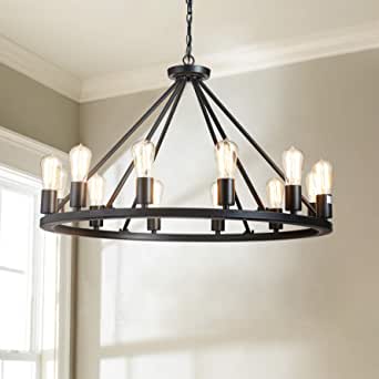 Photo 1 of ,H20" x D32" Saint Mossi Antique Painted Metal Chandelier Lighting with 12 Lights,Rustic Vintage Farmhouse Pendant Lighting Wagon Wheel Chandelier,Black Finish,H20" x D32" with Adjustable Chain
