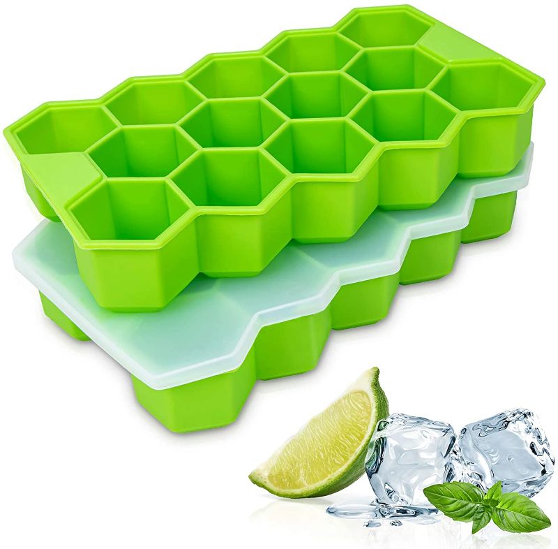 Photo 1 of 2 Pack Ice Cube Trays, Silicone Ice Cube Tray, Stackable Flexible Ice Trays with Removable Lids, Easy Release BPA Free Silicone Ice Cube Tray for Whiskey and Cocktail, Dishwasher Safe Ice Molds(Green)
