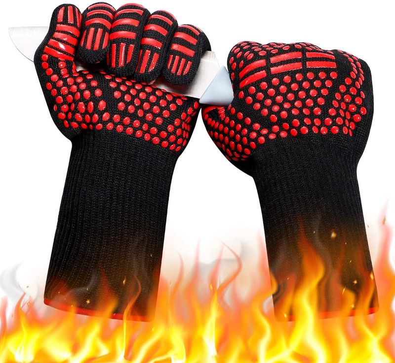 Photo 1 of 932? Extreme Heat Resistant BBQ Gloves, Food Grade Kitchen Oven Mitts - Flexible Oven Gloves with Cut Resistant, Silicone Non-Slip Insulated Hot Glove for Grilling, Cooking, Baking, Welding (1 Pair)(red/black)