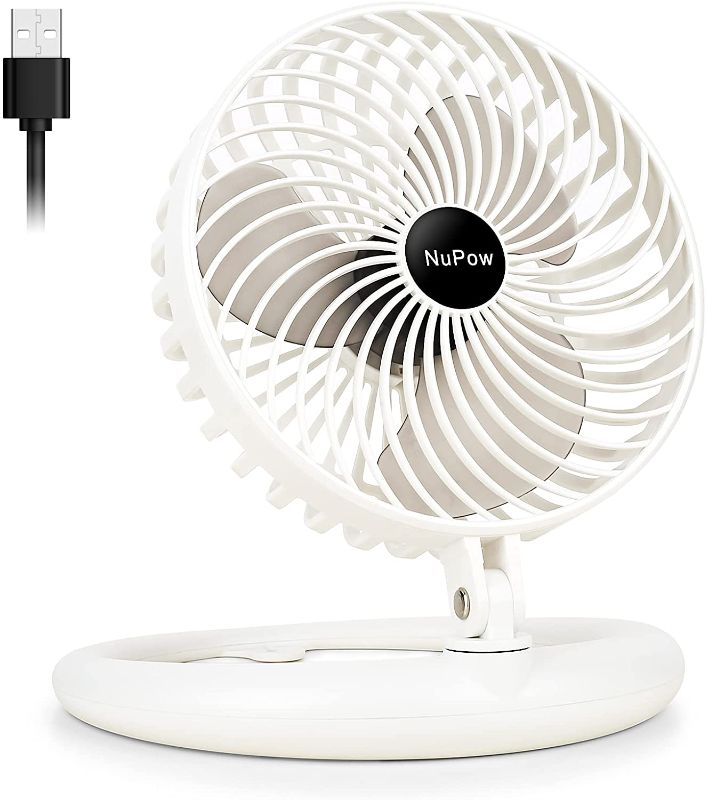 Photo 1 of NuPow Desk Fan 8-Inch Quiet Small Table Fan, USB Powered Portable Foldaway Fan Adjustable 540-degree Angle, 3 Speed, Wall Mount, Mini Room Personal Fan for Home Bedroom Office, Cable (White)
