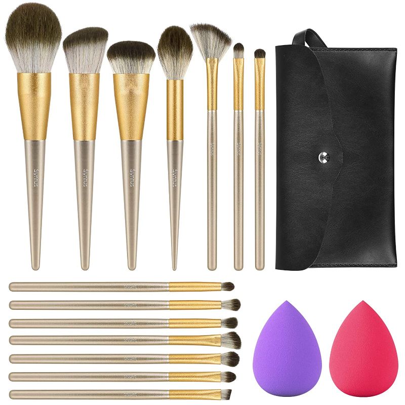 Photo 1 of Syntus Makeup Brush Set, Conical Handle Makeup Brushes with Brush Case Bag and Makeup Sponges Premium Synthetic Foundation Powder Kabuki Blush Concealer Eye Shadow, Golden
