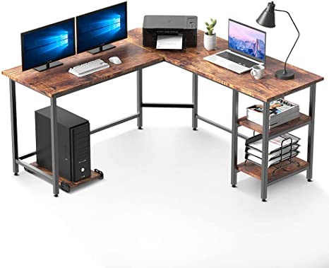 Photo 1 of VANSPACE L Shaped Computer Desk with Storage Shelves Industrial Corner Desk Writing Study Table with Round Corner, Gaming Workstation with CPU Stand, BROWN Walnut
