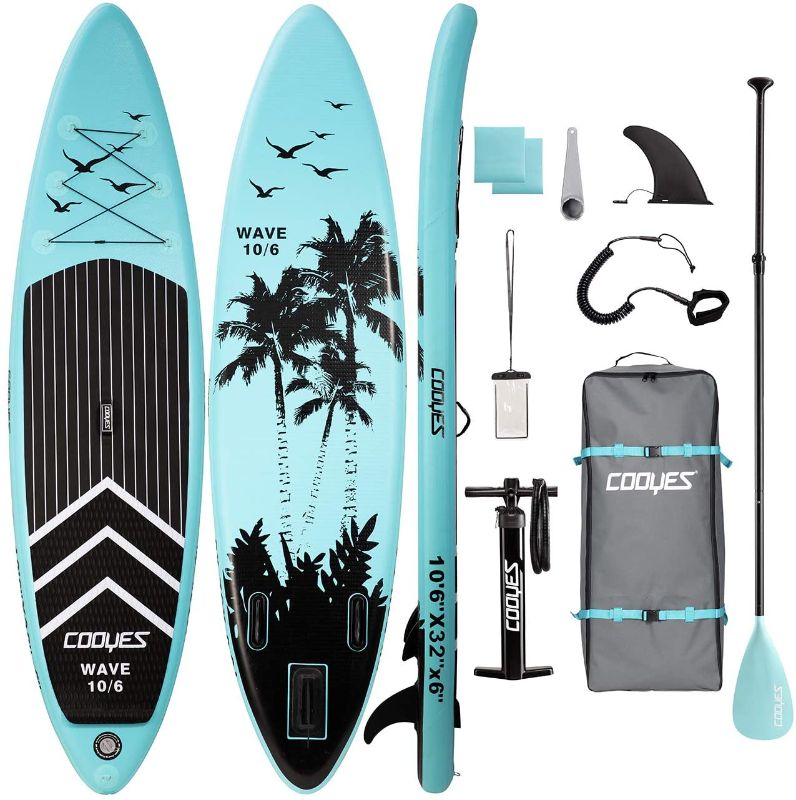 Photo 1 of Cooyes Premium Inflatable Stand Up Paddle Board (6 inches Thick) with SUP Accessories & Backpack, Dry Bag, Adjustable Kayak Seat, Large Fin, Leash, Paddle and Pump, Standing Boat for Youth & Adult
