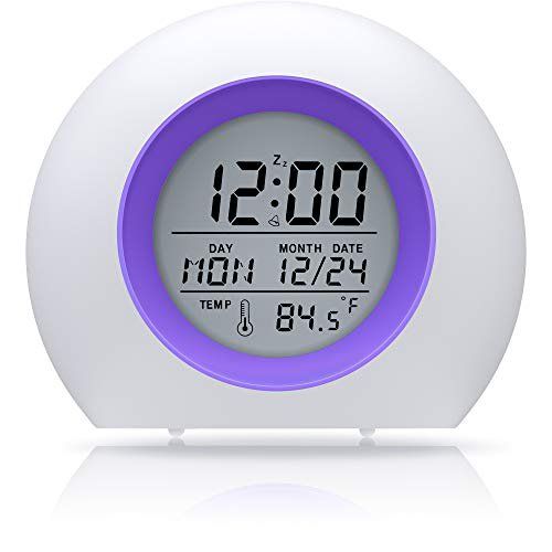 Photo 1 of ANDATE Kids Alarm Clock with 7 Color Light Snooze Temperature Detect for Toddler  Batteries Operated Purple  3 AAAs required not included