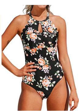 Photo 1 of CUPSHE Womens One Piece Swimsuit Floral Print High Neck Scallop Bathing Suit SIZE XL 