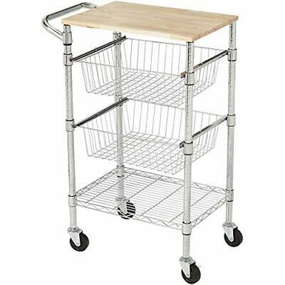 Photo 1 of Amazon Basics 3-Tier Metal Basket Rolling Cart with Wood Top
