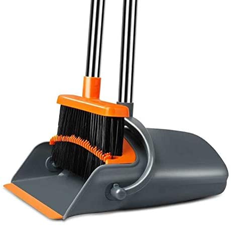 Photo 1 of  Dust Pan and Broom, Self-Cleaning with Dustpan Teeth, Ideal for Dog Cat Pets Home Use, Super Long Handle Upright Stand Up Broom and Dustpan Set (Gray & Orange)