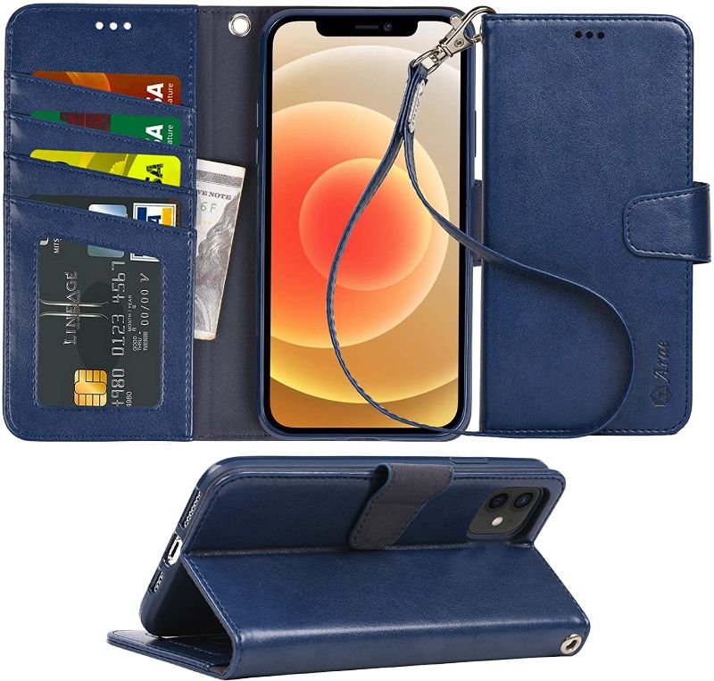Photo 1 of 
Arae Compatible with iPhone 12 Case and iPhone 12 Pro Case Wallet Flip Cover with Card Holder and Wrist Strap for iPhone 12/12 Pro 6.1 inch - Blue