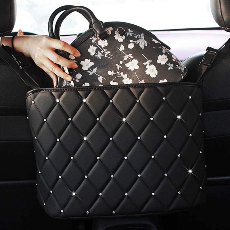 Photo 1 of (4 Piece) Car Handbag Holder Luxury Leather Seat Back Organizer Mesh Large Capacity Bag Automotive Goods Storage Pocket Seat Crevice Net (Diamond Black)
