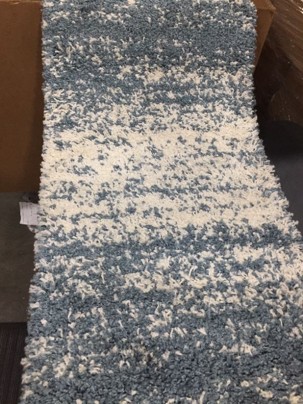 Photo 2 of Distressed Modern Ombre Shag Blue 2 ft. x 7 ft. Runner Rug