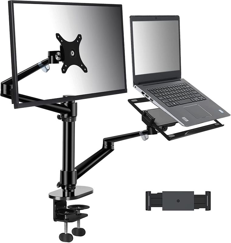 Photo 1 of viozon Monitor and Laptop or Tablet Mount, 3-in-1 Adjustable Dual Arm Desk Stands Monitor Arm for 17-32''