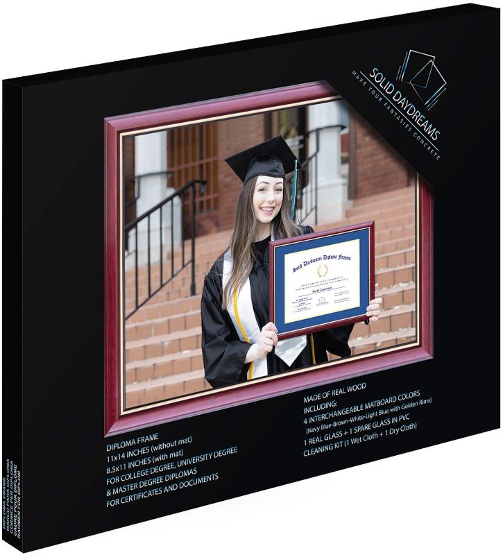 Photo 1 of SOLID DAYDREAMS Diploma Frame, Real Wood & Golden Rim & Glass, 8.5x11 Inch With Mat, 11x14 Inch Without Mat, 4 Matboard Colors (Navy&Light Blue-Brown-White & Golden Rims), for US Degree College Frames
