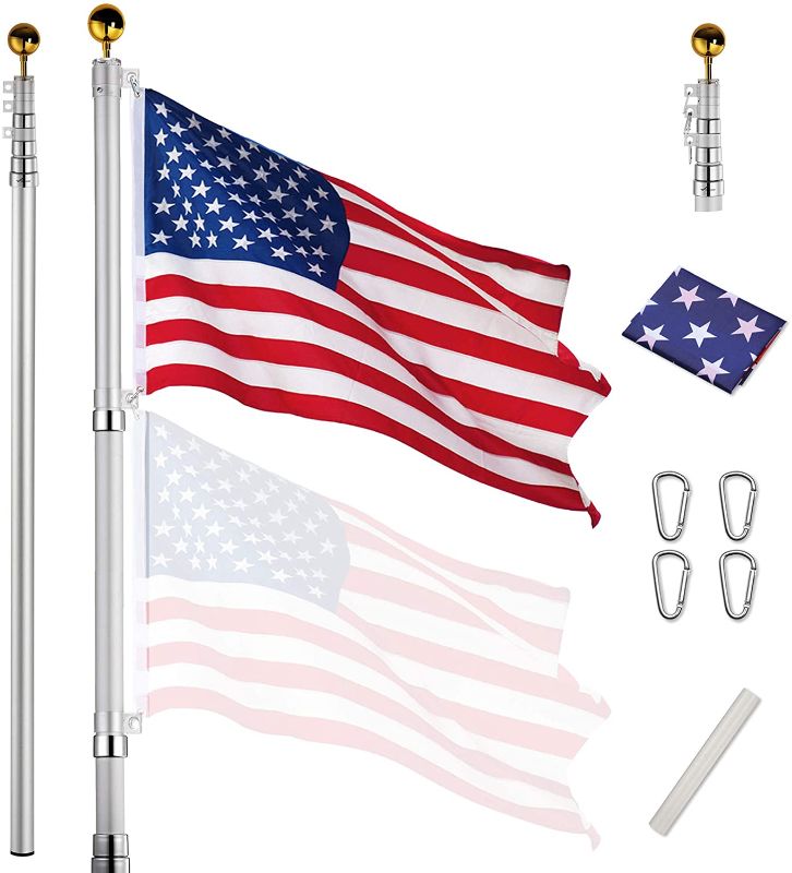 Photo 1 of Yeshom Upgraded 20ft Telescopic 16 Gauge Heavy Duty Aluminum Flag Pole Free 3'x5' US Flag & Ball Top Kit Flagpole for Residential Commercial Yard
