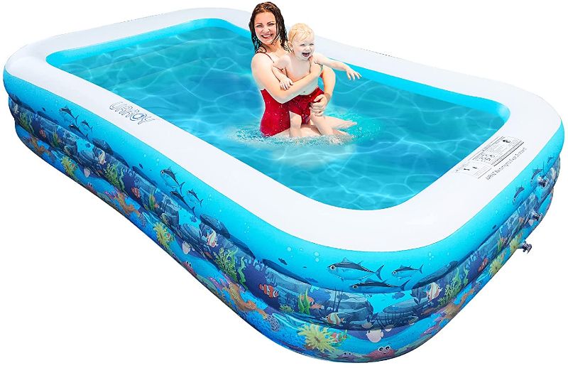 Photo 1 of 10ft Full-Sized Inflatable Swimming Pool, Upgraded 0.4mm Thicker Rectangular Family Lounge Pools, Outdoor Backyard Water Play Blow Up Above Ground Pools for Adults, Kiddie, Kids
